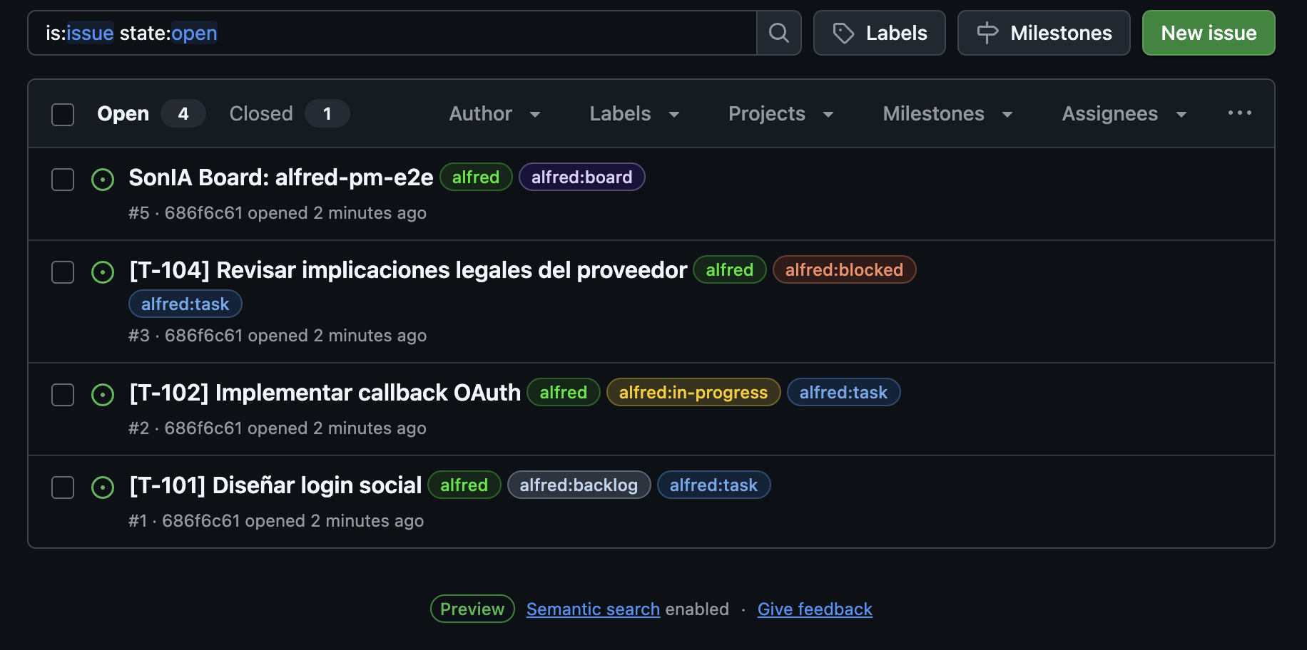 Vista de SonIA Sync en GitHub Issues con el issue paraguas y las tareas sincronizadas